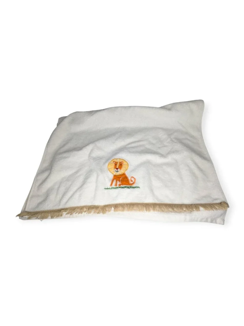 Embroidered Applique Lion Baby Bath Standard Size Towel Orange Lion Tan Fringe